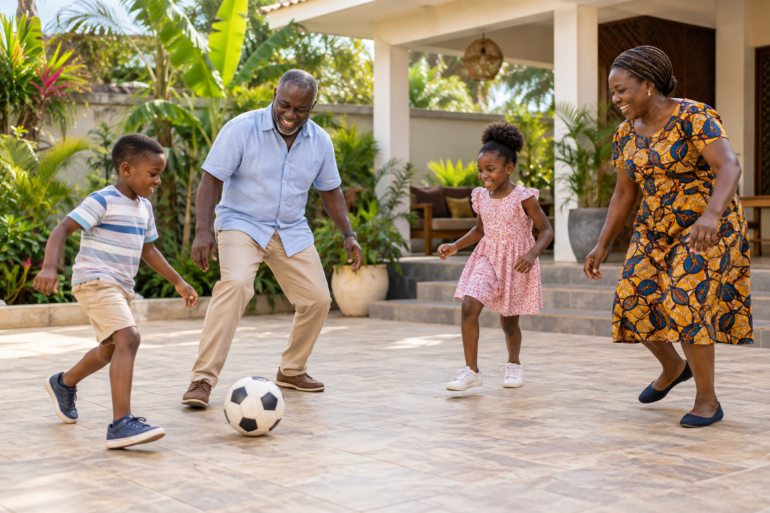 Happy African grandparents playing with their grandchildren in a courtyard in Ghana